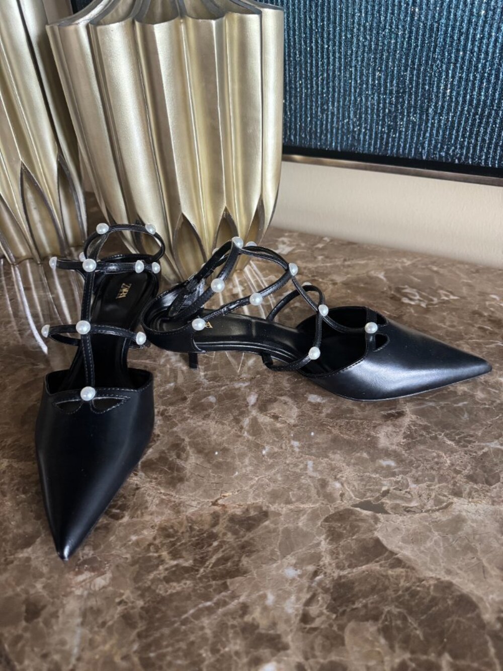 "Consigning Soon" NWOT Zara Black Pearl Strap Kitten Heel - Picture 3 of 6